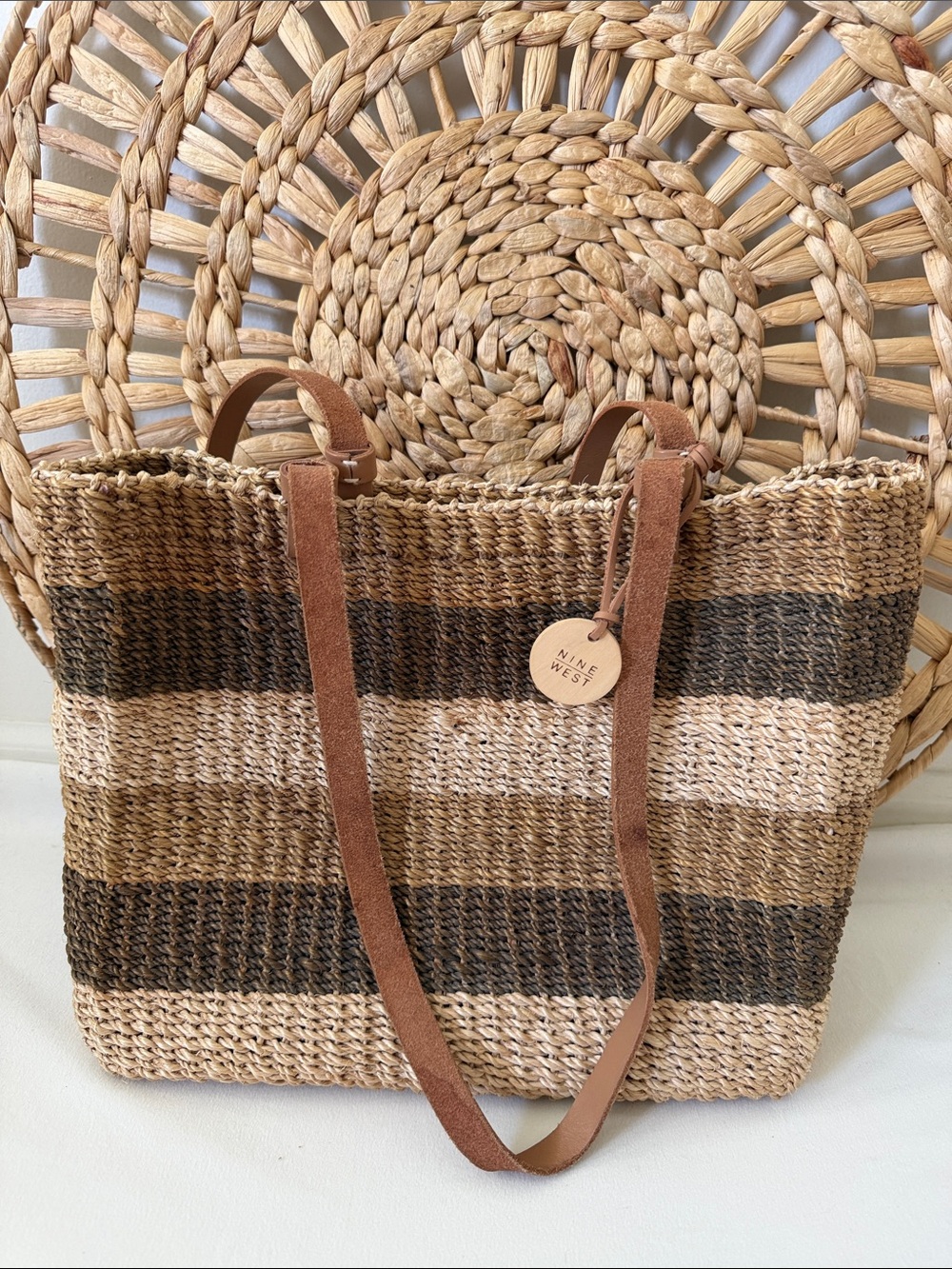 Nine West Striped Straw Tote Bag Woven Beach Shoulder Bag Brown Neutral